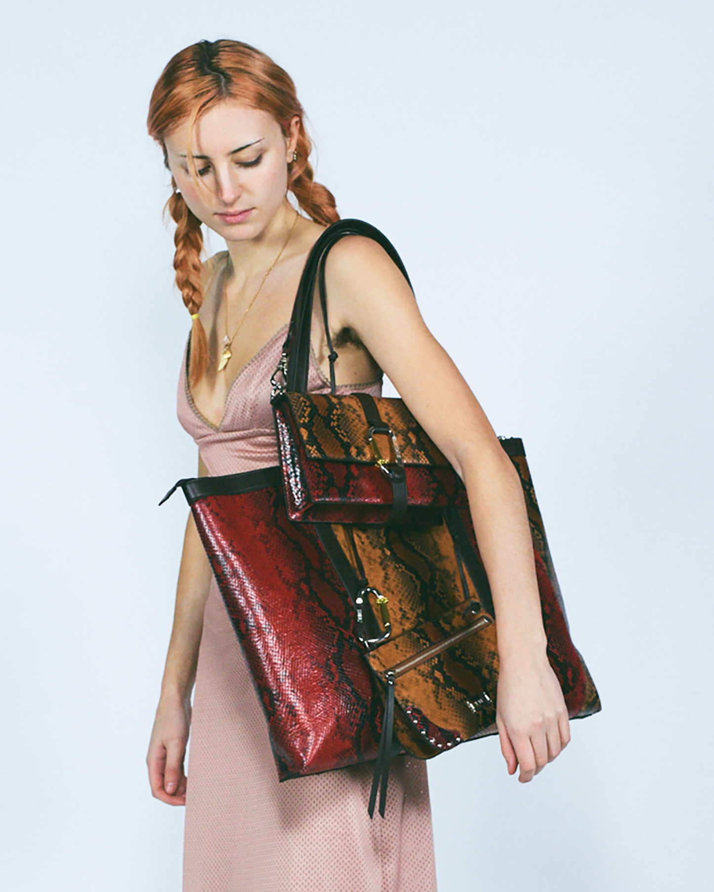 Patchwork Snake Print Leather Niner Shopper Bag