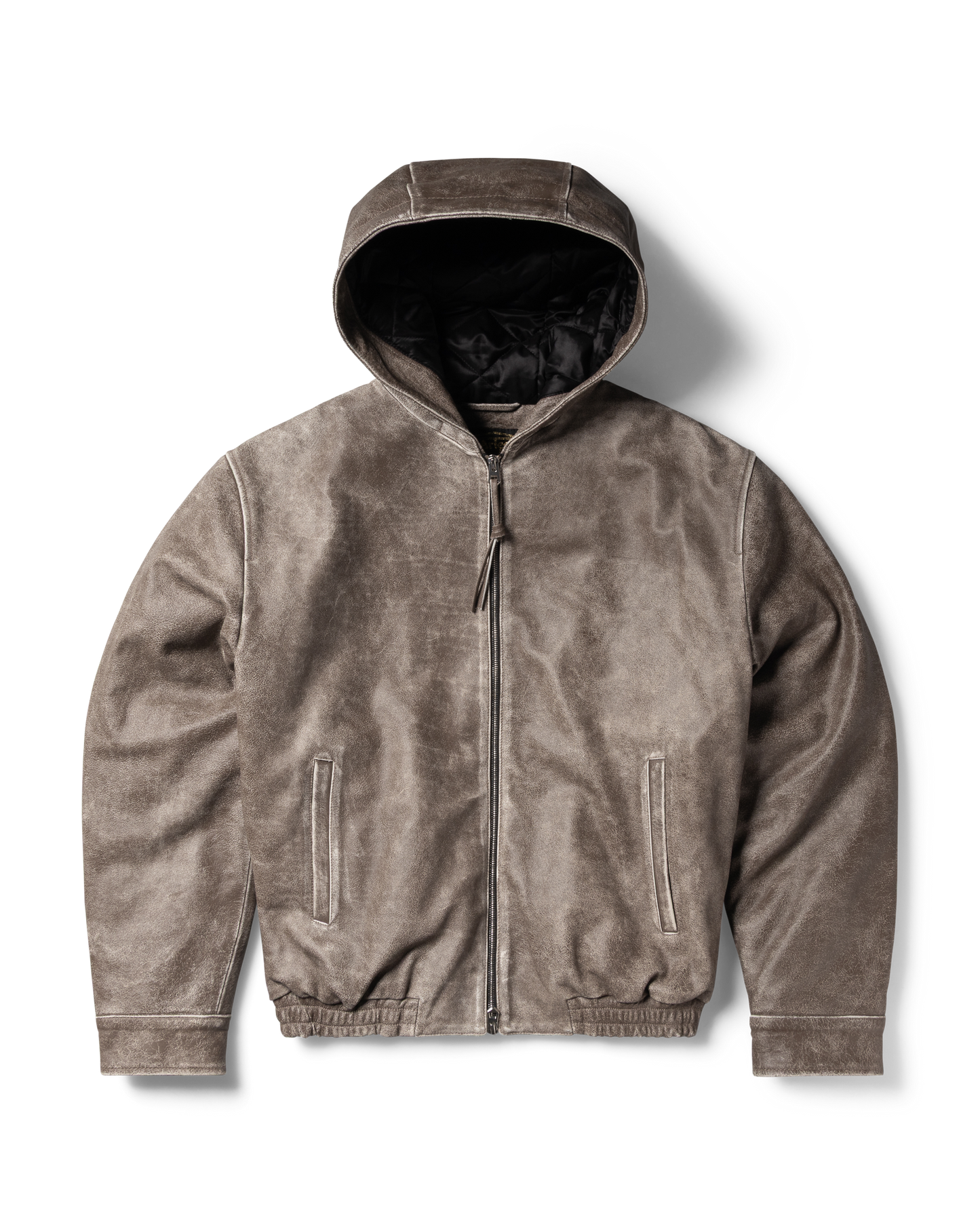 Distressed Leather Hooded Bomber Jacket